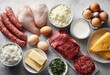 © Robi - A variety of fresh protein sources and dairy products are displayed on a neutral surface.