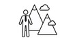 © Sanjida - Minimalist black line art vector icon illustration of a businessman standing before mountains and clouds, symbolizing ambition, career goals, leadership, overcoming challenges, and success.