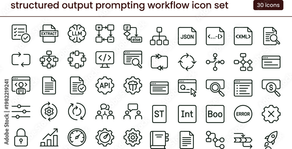 Output Process Icon Structured output prompting workflow outline icon set with data ...