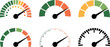 © MstSima - Collection of speedometer gauges indicating performance levels with needle pointers for dashboard display vector design. vector illustration