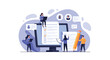 © Riyad - Small people working around giant computer screen for recruitment and candidate evaluation for human resources and hiring goals.