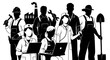 © Afia - various professionals working together in one place with silhouette  office workers and laborers