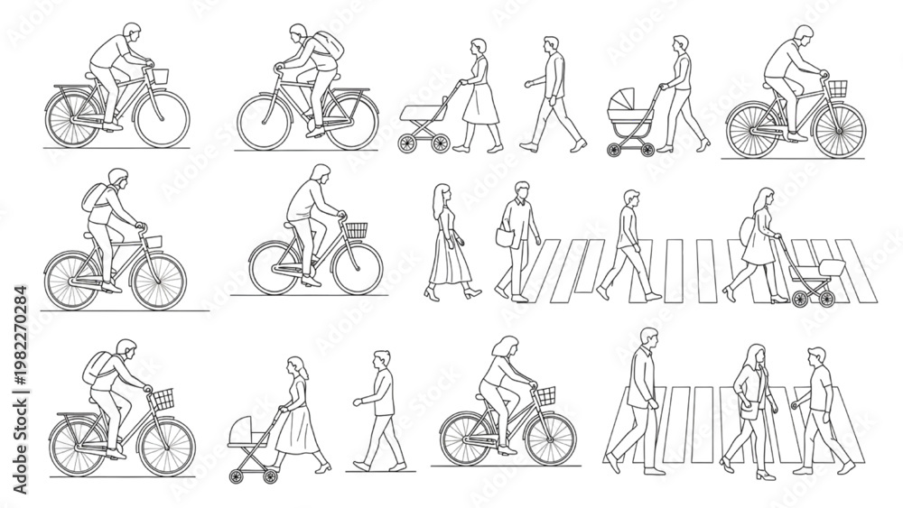Urban Mobility CAD Block Set with Cyclists, Pedestrians, Strollers and ...