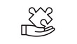 © MD - Hand holding a jigsaw puzzle piece vector icon, symbol of solution, problem solving, business strategy, support, and teamwork. Minimalist black line art illustration for web and app design.