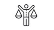 © Its - Minimalist black line vector icon illustration of a person holding a balance scale, representing justice, equality, legal system, fairness, and work-life balance on a white background.