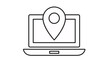 © Ch - Minimalist black line art vector icon of a laptop computer with a location pin map marker on the screen, representing GPS navigation, digital tracking, and online address search services.