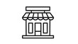 © Rabia - Minimalist black line vector icon of a storefront or shop building with a striped awning, display windows, a door, and a sign on top, isolated on white for retail and commerce graphic design.