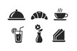 © nabiulislam - Black Breakfast Glyph Icon Set Featuring a Serving Tray, Croissant, Hot Coffee Cup, Glass of Juice with Straw, Flower in a Vase, and Napkins. Minimalist Vector Symbols for Restaurant and Cafe Menus.