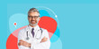 © Prostock-studio - A doctor stands confidently with arms crossed in front of a blue background. Colorful shapes and patterns create an engaging and vibrant look. The setting highlights healthcare themes effectively.