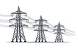 © Abu - High voltage power transmission towers with electrical lines and electricity grid infrastructure vector illustration isolated on white background for energy, utility, and industrial concepts.