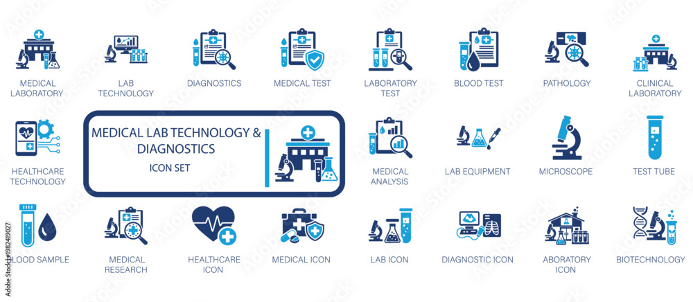Vector icon set for medical laboratory technology, diagnostics, and ...