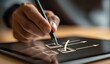© Muzammil - A close-up shot depicts a hand holding a stylus, interacting with a digital tablet displaying a flowchart with a checked box, symbolizing progress and task completion.
