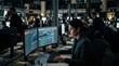 © Justlight - Inside a shadowy trading floor medium shot captures a figure concentrating on shortselling order flows with glowing monitors in focus contrasted by an outoffocus financial hub