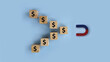 © OrangRobot - Magnet attracting money cubes in directional flow, concept of financial growth, cash flow, investment movement and increasing profit.