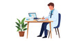 © Al Amin Stock - Professional doctor writing medical notes on clipboard at desk with laptop and stack of paper files in clean office environment vector illustration for healthcare administration and management.