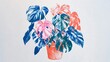 © aoao - Artistic monstera plant lino cut print in vibrant blue and coral tones. Tropical botanical illustration with retro grain and ink texture, perfect for modern interior decor and wall art.