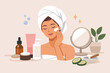 © Izhar - Beautiful Young Woman with White Towel on Head Applying Moisturizing Cream for Daily Skincare Routine, Surrounded by Cosmetic Products, Serum, Lotion, Mirror, and Cucumber Slices, Flat Vector