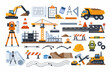 © Avijit - Civil Engineering and Construction Site Icons Set with Heavy Machinery, Excavator, Crane, Dump Truck, Blueprints, Hard Hat, Tools, and Building Infrastructure in Flat Vector Illustration.