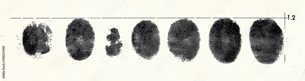 seven black ink fingerprint impressions and smudges on aged white paper ...