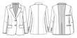 © Maestro - Detailed technical flat fashion sketch of a classic womens blazer with front back and inside views perfect for apparel design development and technical specification sheets