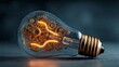 © MopoWe - Glowing light bulb with internal metal gears and clockwork mechanisms lies on a dark textured surface representing innovative engineering and complex creative ideas today