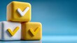 © MopoWe - Checkmark blocks stacked in a pyramid symbolize completed tasks and successful goal achievement for professional project management on a vibrant blue background
