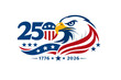 © Sujal - USA 250th Anniversary Logo Vector Illustration Celebrating 250 Years of United States Independence with Bald Eagle, American Flag Stars and Stripes, and Dates 1776 to 2026 Patriotic Design.