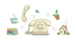 © PutraPerdana507 - Flat design illustration of a vintage rotary phone surrounded by a stack of books, a steaming cup of coffee, a potted plant, and a house with a natural and calming mood.