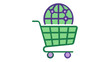 © Atikul - Global retail analytics vector icon illustration showing a green shopping cart containing a purple and green world globe with network nodes, symbolizing international e-commerce and trade.