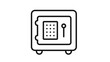 © Sanjida - Secure metal safe box vector icon with digital keypad and handle for banking and finance, minimalist black line illustration of a vault for protection of valuables and money storage.