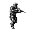 © Heppy - Soldier in tactical gear aiming assault rifle, ready for combat, dynamic action pose