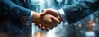 © btiger - Two professionals in suits shaking hands with a glowing digital network overlay against a blurred futuristic city backdrop, conveying trust and collaborative partnership
