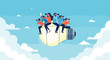 © The - Creative team of people sitting on a giant flying lightbulb through the clouds while searching for new ideas with binoculars and cameras.