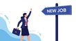 © The - Joyful businesswoman celebrating next to a blue street sign pointing toward a new job opportunity and career change.