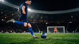 Soccer football penalty kick player stadium goalkeeper night match ball rolls on wet grass as focused male athlete prepares powerful shot toward goal under bright floodlight