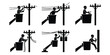 © Farzana - Electrician lineman stick figure icon set, utility worker repairing power lines on bucket truck, electrical maintenance technician vector collection