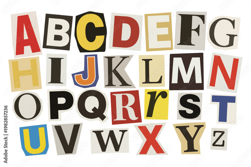 Alphabet set made of assorted magazine newspaper cutout letters vector ...