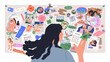 © Good Studio - Woman creating vision board with notes, photos collage. Future goals, dreams, ambitions, ideas, motivation, desires and wishes on planning map . Flat vector illustration isolated on white background