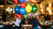 © tae - Macro view of vibrant multicolored helium balloons floating inside a modern bistro dining room interior during a festive birthday celebration or special gala event banquet decoration.
