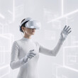 © IZZA  - Futuristic Woman in VR Headset Interacting with Holographic Digital Interface in White Metaverse