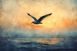 © Nida Zahid - Seagull in flight over ocean waves, digital painting, impressionistic style, warm sunset colors, textured brushstrokes