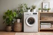 © Margarita Vais  - A bright laundry room features a washing machine next to plants in pots and baskets. Wooden shelves hold neatly folded towels and additional plants in small containers