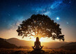 © Birul Sinari-Adi - A woman meditating in a lotus position beneath a large tree at sunset, with the Milky Way and a star-filled sky above, creating a magical blend of nature, spirituality, and cosmic beauty