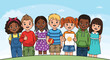 © Merah - A diverse group of happy, smiling children of various ethnicities and genders standing together outdoors under a bright sky.