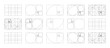 © Hanna - Golden ratio layouts. Fibonacci array, numbers form mockups. Harmony proportions frame samples. Set of Golden Spiral simple patterns. Method golden section templates. Outline thin graphic black icons.