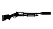 © Zimas - Black silhouette of a tactical shotgun with a suppressor, isolated on white background.
