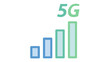 © MdRajon - 5G mobile network signal strength vector icon illustration featuring a gradient bar chart from blue to green, representing high-speed internet connectivity and wireless technology for communication.