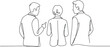© ALEX - group back view line art featuring three people standing and talking in simple outline style for modern social illustration design