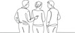© ALEX - group back view line art featuring three people standing together talking in simple outline style for modern social illustration design