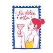 © oksanagrytsyuk - La Dolce Vita Poster Frame Woman Wine Glass Illustration Italian Celebration Luxury Lifestyle Glamour Evening Toast Poster Frame